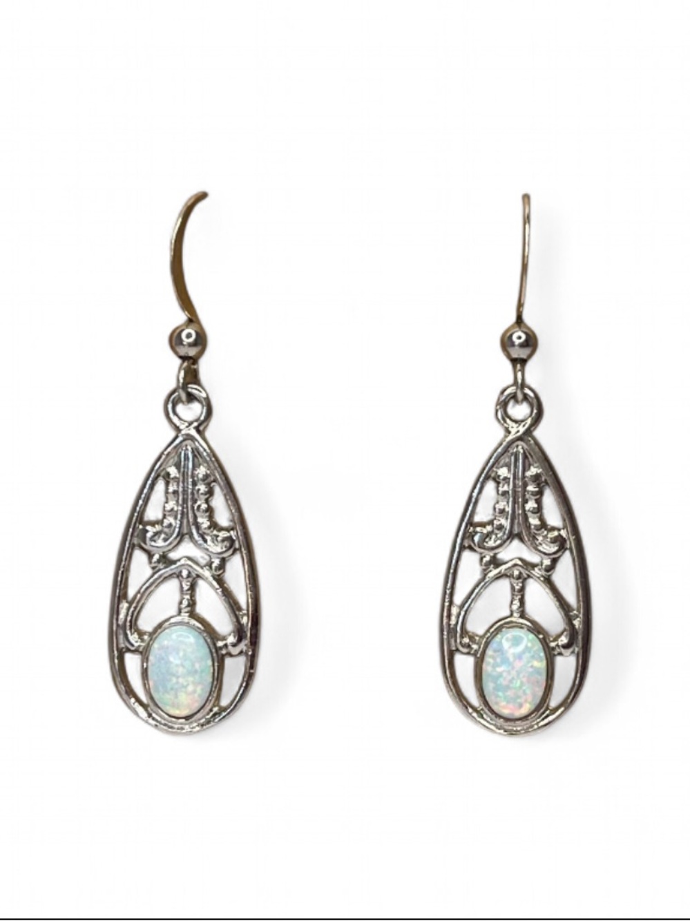 White Opal Lab Created Dangle Earrings Filigree Teardrop Iridescent Boho Silver